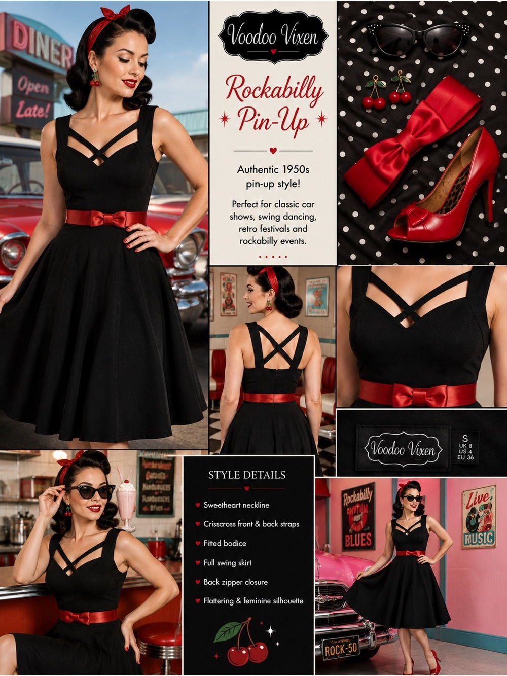 Voodoo Vixen Black Fit & Flare Swing Dress Criss Cross Strap Retro Pin Up Small - Picture 3 of 12